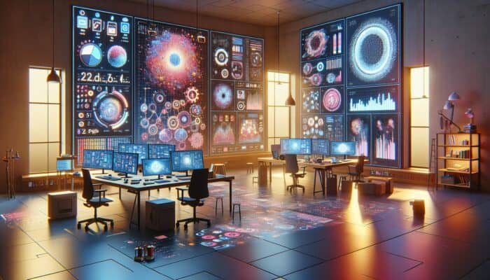 A vibrant digital workspace with screens showing articles, graphs, and syndication metrics, surrounded by content creation tools.