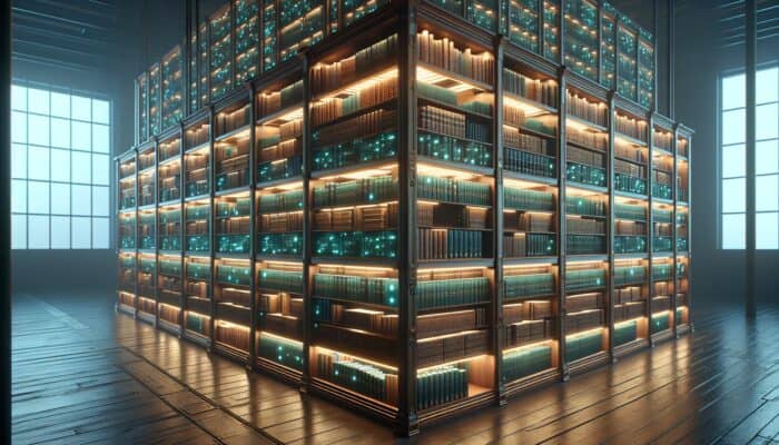 A library of glowing evergreen books representing long-term backlinks and syndication.