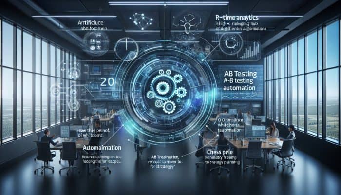 AI-driven marketing hub with real-time analytics, optimising ads and automating tests in a modern office setting.