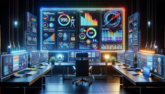 A futuristic dashboard depicting AI-enhanced SERP analysis with graphs and charts in a modern office.