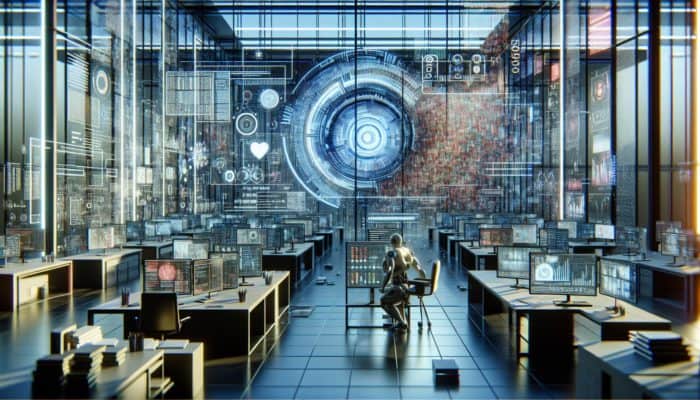 AI in futuristic lab analysing SERP data, revealing biases in graphs and grappling with human emotions and cultural contexts.