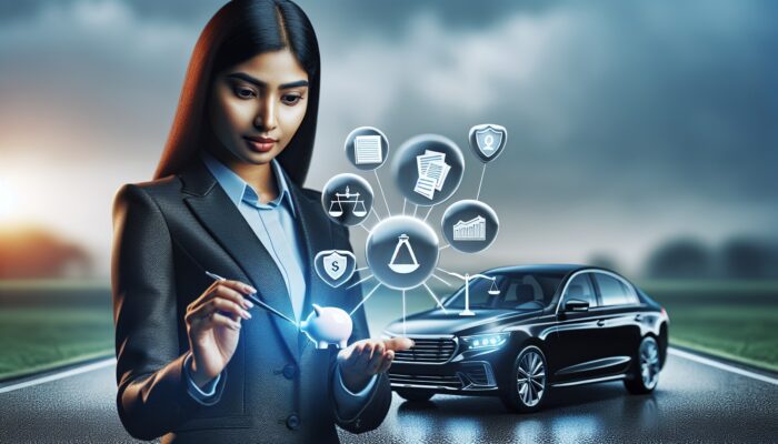 Individual reviewing car rental agreement, focusing on liability, coverage, deductibles, with vehicle in background.