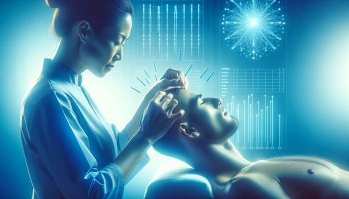 Acupuncture for Vertigo Treatment: A serene acupuncture session for vertigo treatment with needles in the head and neck, in calming blue tones.