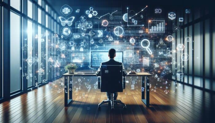 Individual analysing SEO data on a computer, surrounded by relevant keywords and graphs in a modern office environment.