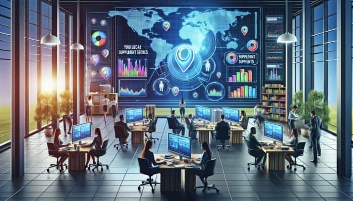 A digital marketing office featuring a map of local supplement stores, SEO graphs, and collaborating experts.