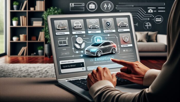 Individual using a laptop at home to search and reserve a contemporary car rental online.