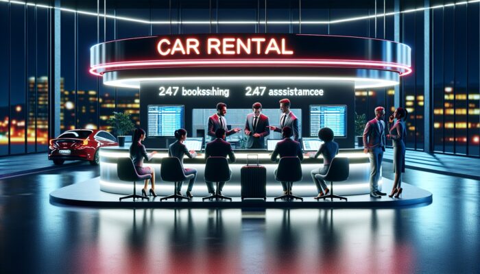 Contemporary car rental office illuminated at night with neon signage, experts discussing online bookings, and 24/7 assistance desk illuminated.