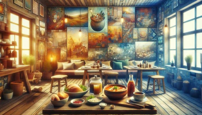 A cosy eatery with local art, serving traditional regional stew and fresh bread, embodying cultural heritage.