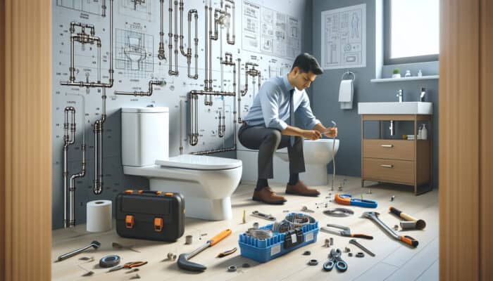 Illustration of modern toilet installation in a Langley home, showcasing plumbing, tools, and technician.