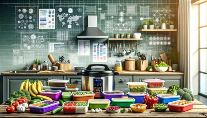 A contemporary kitchen featuring batch-cooked low-FODMAP meals, pre-chopped vegetables, and a pressure cooker.