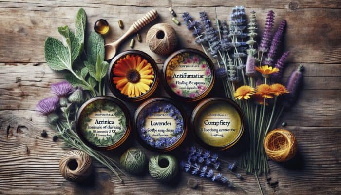 Popular UK herbal salves on a rustic table: Calendula, Arnica, Comfrey, Lavender, Chickweed.