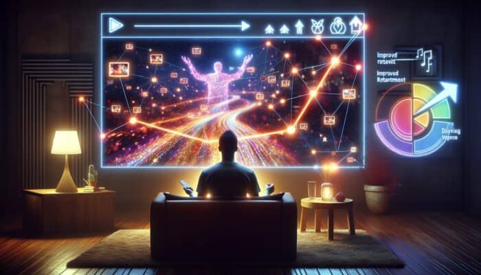 A viewer engaged with a playlist on a screen, graphs showing increased retention, in a cosy room.