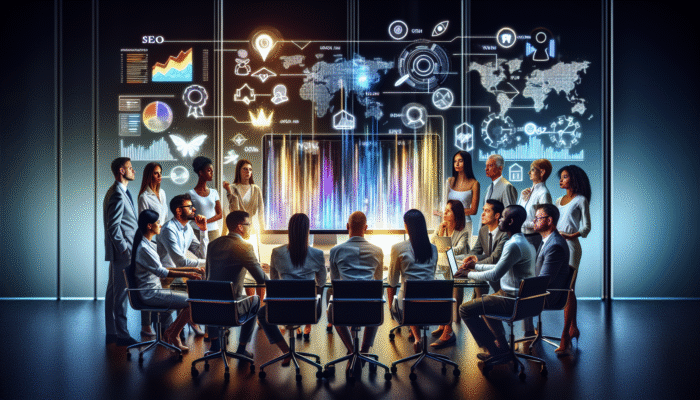 A team of professionals analysing SEO metrics on a computer screen in a modern office setting.