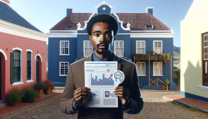 Interest Rate Shifts Impact Stellenbosch First-Time Buyers: A concerned first-time home buyer in Stellenbosch with mortgage documents, Cape Dutch architecture in background.