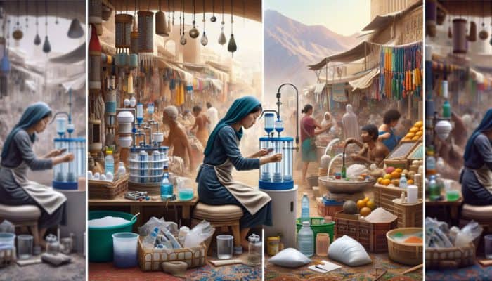 Person assembling DIY water purifier with global landscapes, showing material sourcing challenges.