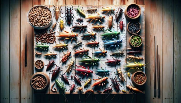 Edible Insects Guide: Colorful edible insects like crickets, mealworms, grasshoppers on a rustic table, sustainable protein source.