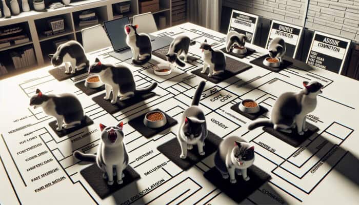 Cats displaying territorial aggression by hissing and arcing over food and space in a multi-cat environment.