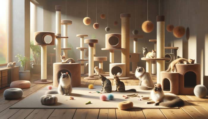 A tranquil room filled with cat towers, posts, and toys where multiple cats coexist and play peacefully.