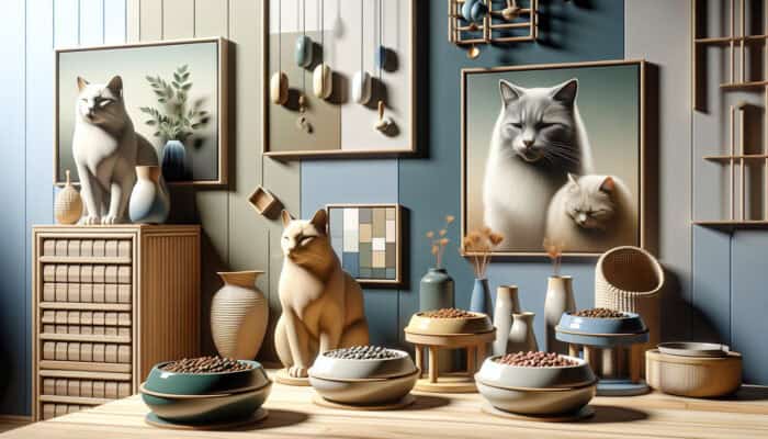 A cozy home with multiple distinct cat feeding stations, each equipped with unique bowls, promoting peace.