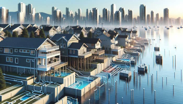 Urban West End neighbourhood with elevated homes and integrated drainage systems near English Bay, preventing flooding.