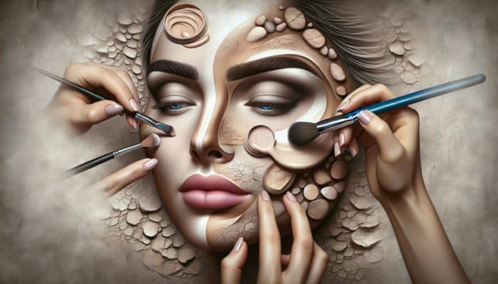 A makeup artist applying various products for brow-bone contouring on a model, achieving a flawless, luminous effect.