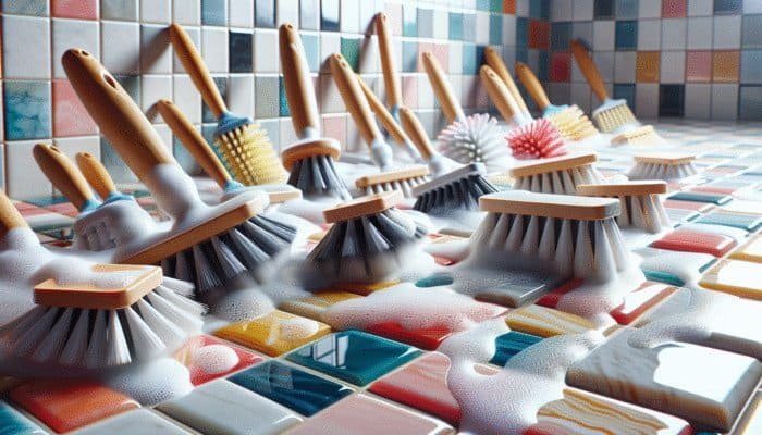 Close-up of various brushes cleaning grout between colourful tiles in a well-lit bathroom.