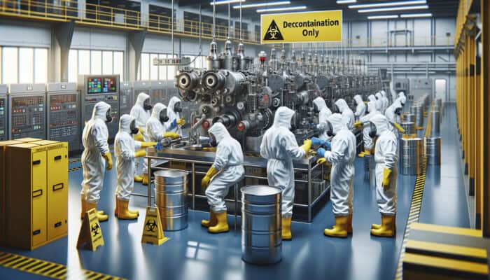 Experts in hazmat suits cleaning heavy-duty tools in a decontamination area with caution signs and shelving.