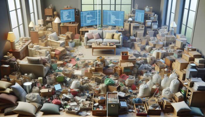 Holiday Cleanup Tips for House Clearance: A cluttered living room with furniture, decor, and electronics sorted for donation and sale.
