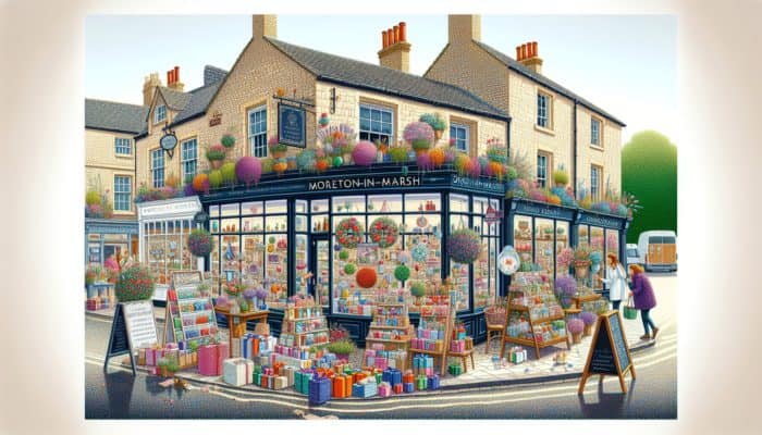 Local florist and café in Moreton-in-Marsh collaborate, displaying colourful gift packages and joint event banners, with happy customers.