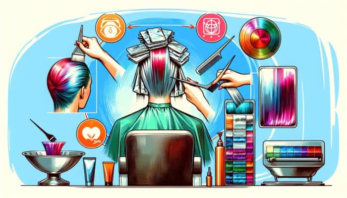 A professional salon setting showing the hair foiling process with vibrant colours and precise application techniques.