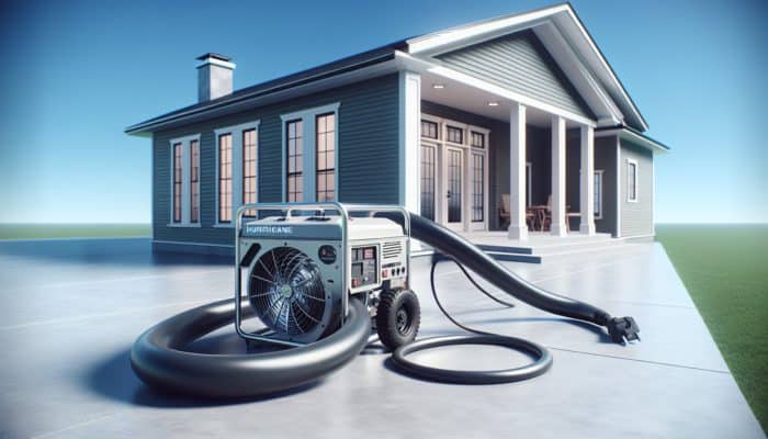 A hurricane generator safely positioned outdoors, connected with a heavy-duty cord, under a clear sky.