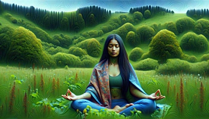 A person practicing yoga in a peaceful UK countryside, surrounded by greenery, symbolising relaxation.