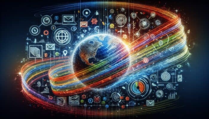 Strategies for Optimising Email Open Rates: An email interface featuring vibrant action verb subject lines like "Discover," "Unlock," "Boost," complemented by global and seasonal icons.