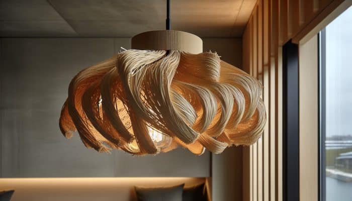A rustic yet contemporary raffia blonde light fixture, enhancing a modern space with natural elegance.