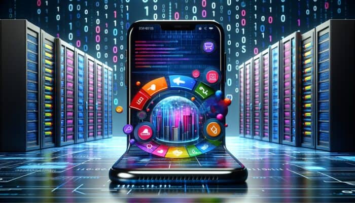 Smartphone displaying an e-commerce site with optimised graphics, set against binary code and server infrastructure.