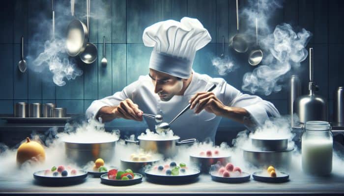 A chef using liquid nitrogen in a futuristic kitchen, creating colorful, frozen dishes amidst vapor clouds.