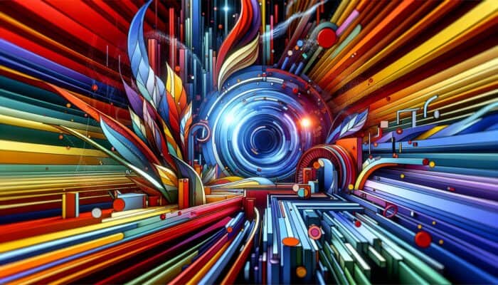 A vibrant, abstract design featuring bold colors and shapes forming a dynamic 5-15 second video intro.