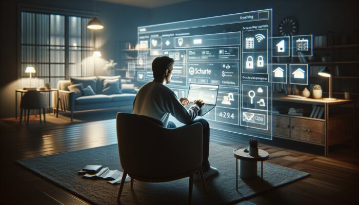 Individual reviewing online booking details on a laptop in a comfortable home office, featuring secure payment icons and a calendar.