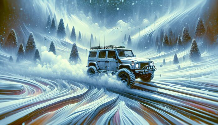 A rugged SUV equipped with snow tires and a powerful heating system driving safely through icy, snowy roads.