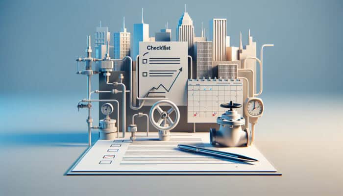 Checklist for backflow testing featuring a calendar, pen, and water valve against the Port Coquitlam skyline.