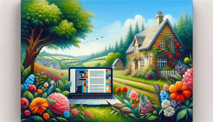 A laptop showing WordPress designs in a serene English countryside scene in Sturminster Newton.