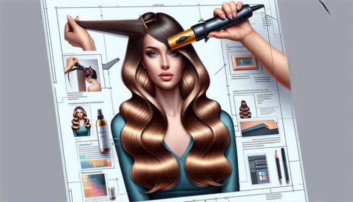 Woman applying heat protectant spray, styling long hair into barrel waves with curling iron.