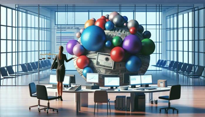 Infographic on UK debt consolidation with visual data, person managing debts, and unified loan in a contemporary office setting.