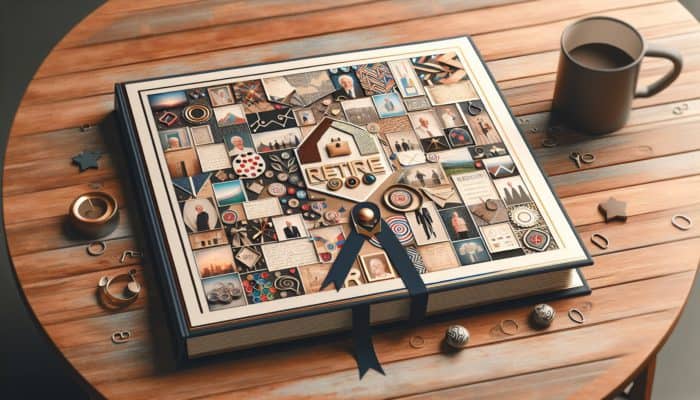 A scrapbook page with photos, milestones, and colleagues' anecdotes celebrating a retiree's career journey.