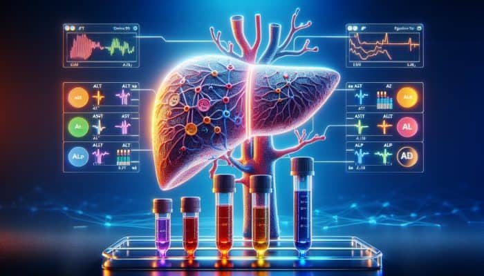 Liver Blood Test in Falkirk: An illuminated human liver intertwined with veins, surrounded by test tubes labelled ALT, AST, bilirubin, and ALP in a contemporary lab under blue lighting.