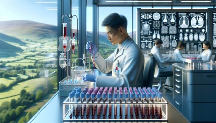 Medical technician drawing blood in a modern Falkirk laboratory for liver tests, surrounded by equipment and overlooking green hills.