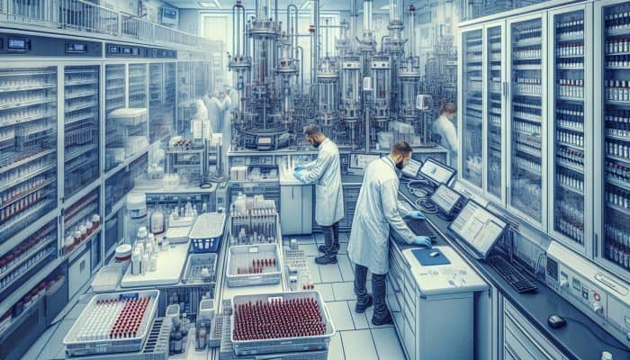 Modern laboratory in Falkirk: Technicians in white coats manage blood samples amid equipment while a doctor educates patients on the necessity of fasting.