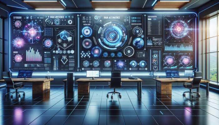 Futuristic dashboard showing high VA accuracy rates with graphs in a modern office.