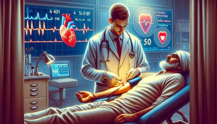 Cholesterol Blood Test In Swansea: A doctor taking blood from a patient in a busy NHS clinic, surrounded by educational posters on heart health.