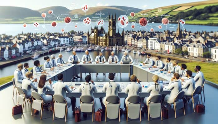 Medical experts discuss cholesterol blood tests at a Swansea conference, surrounded by lab equipment and scenic views.